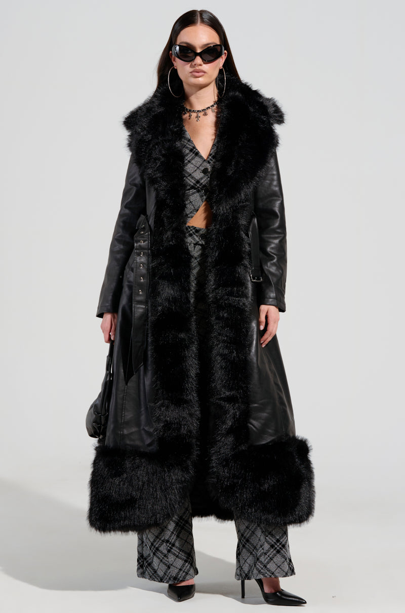 VIVAN LONG PU TRENCH WITH FAUX FUR TRIM