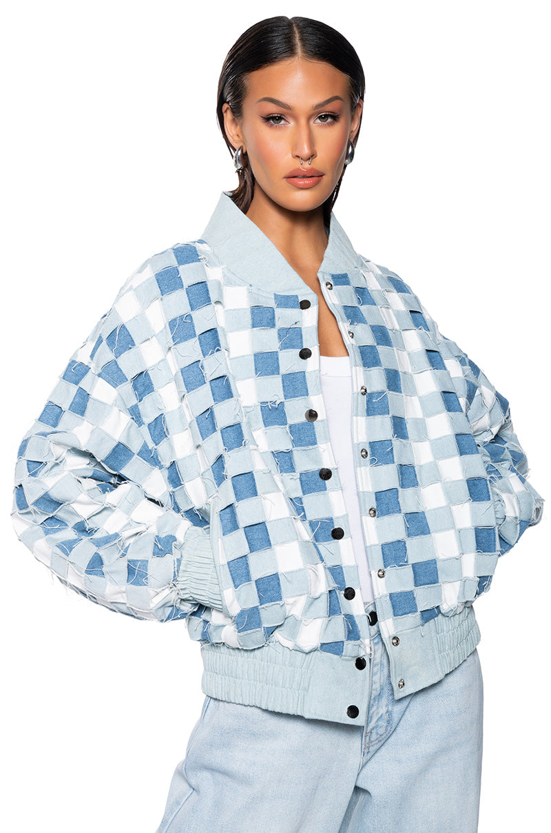 HAND WEAVE DISTRESSED DENIM BOMBER