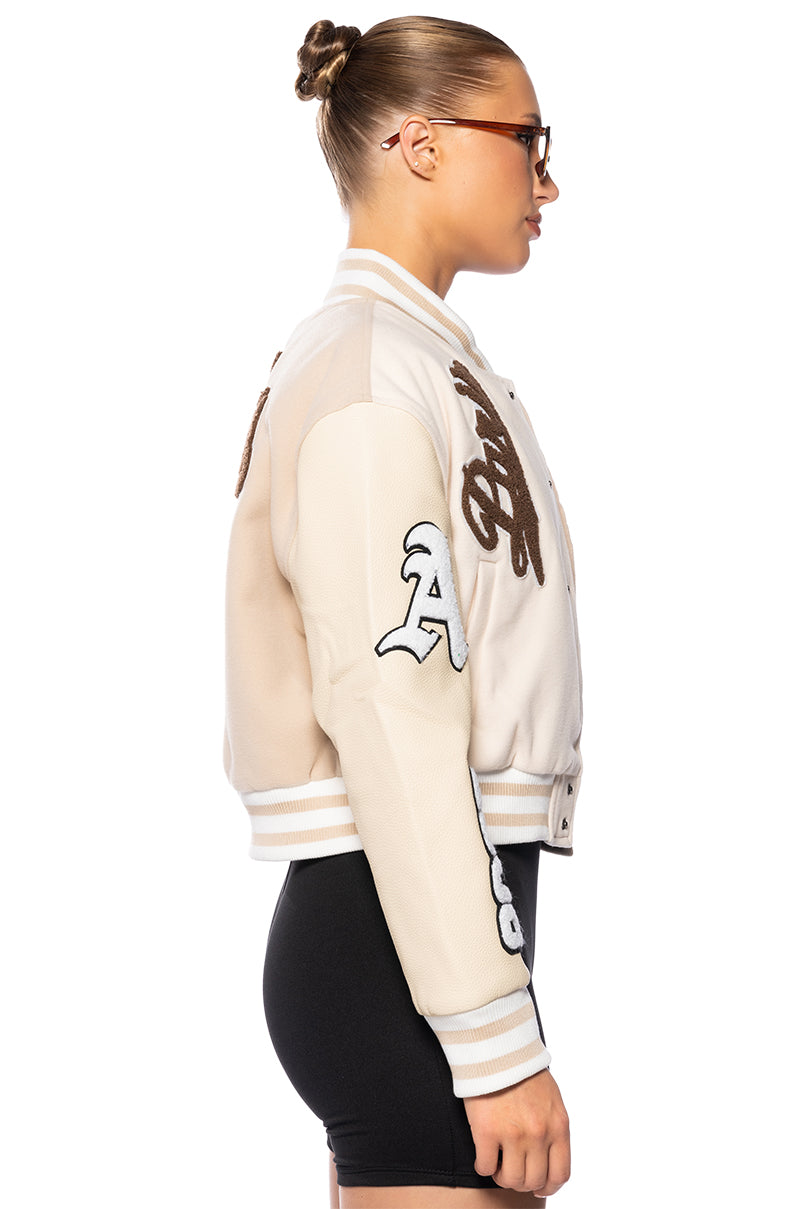 AZALEA WANG BEIGE RUELA VARSITY JACKET