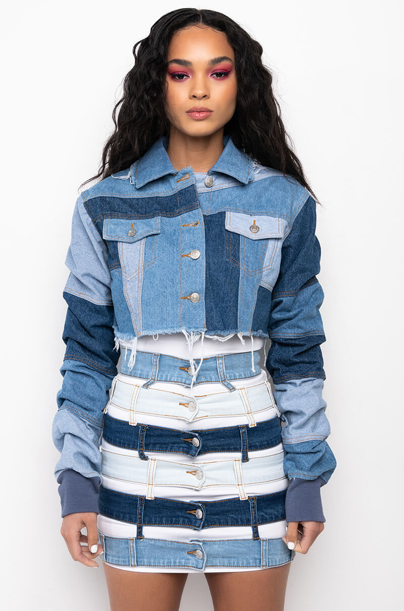 STACKED PATCH WORK CROP DENIM JACKET