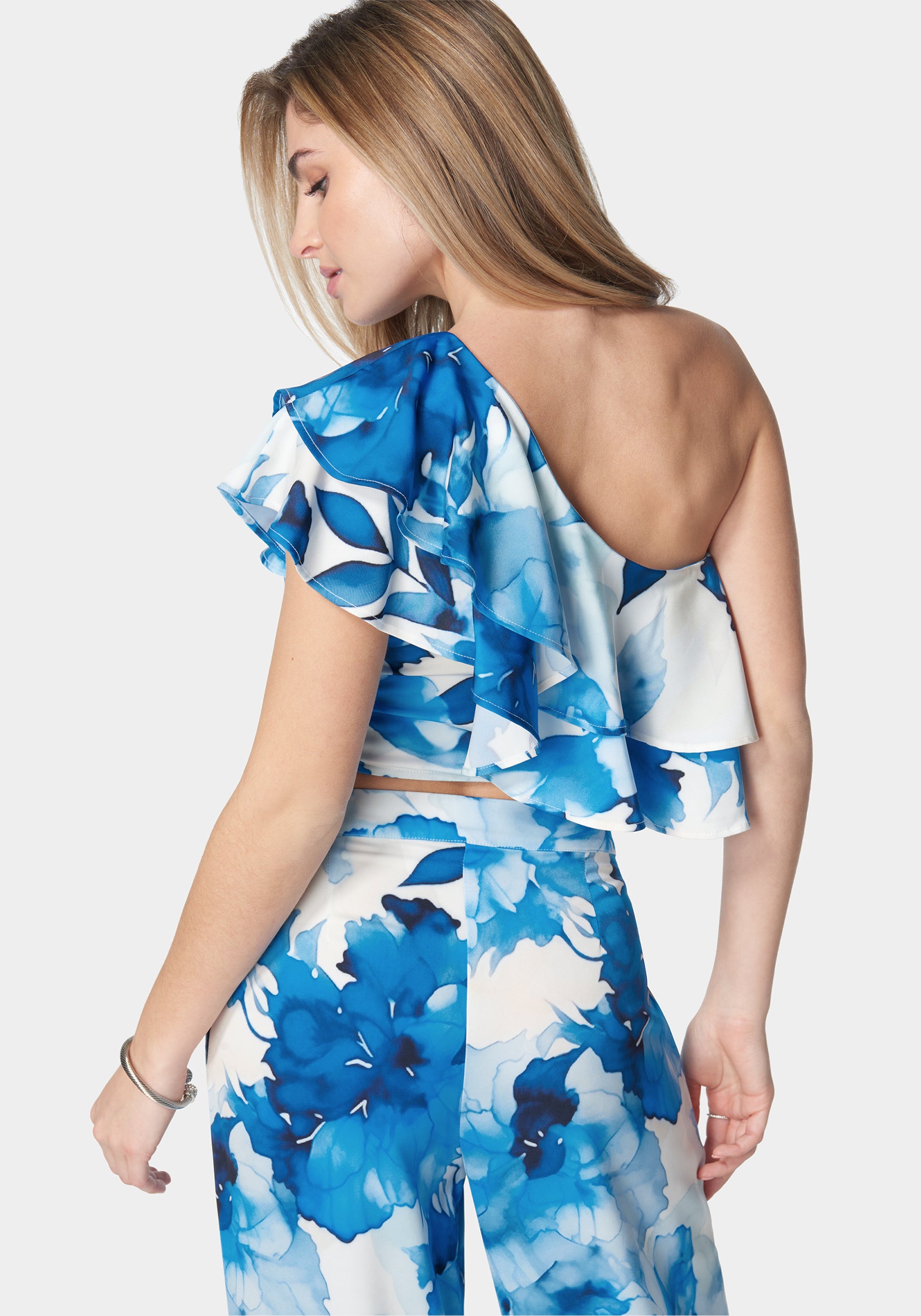 Satin One Shoulder Ruffle Neck Top