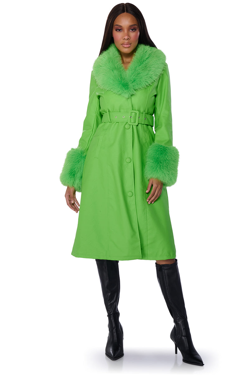 KAYA PU TRENCH WITH FUR LINING IN GREEN