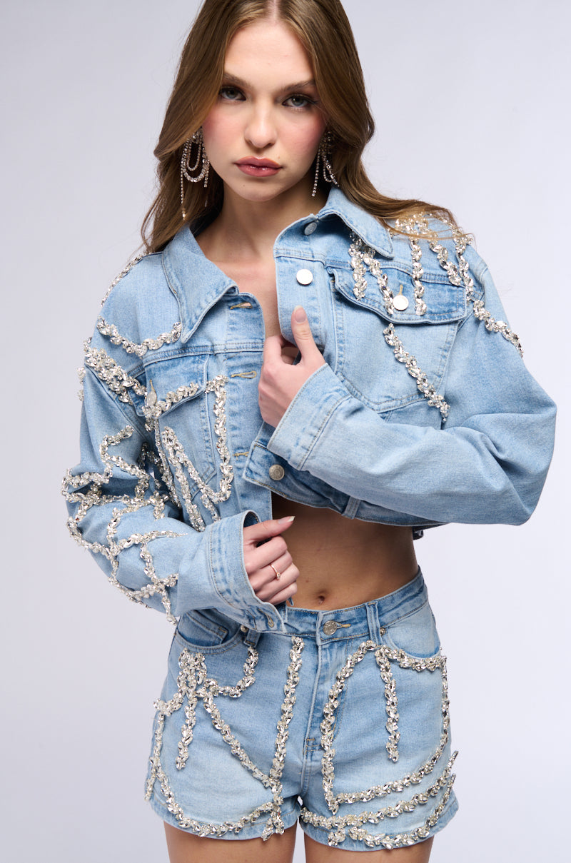 MAKE A WISH RHINESTONE EMBELLISHED DENIM JACKET