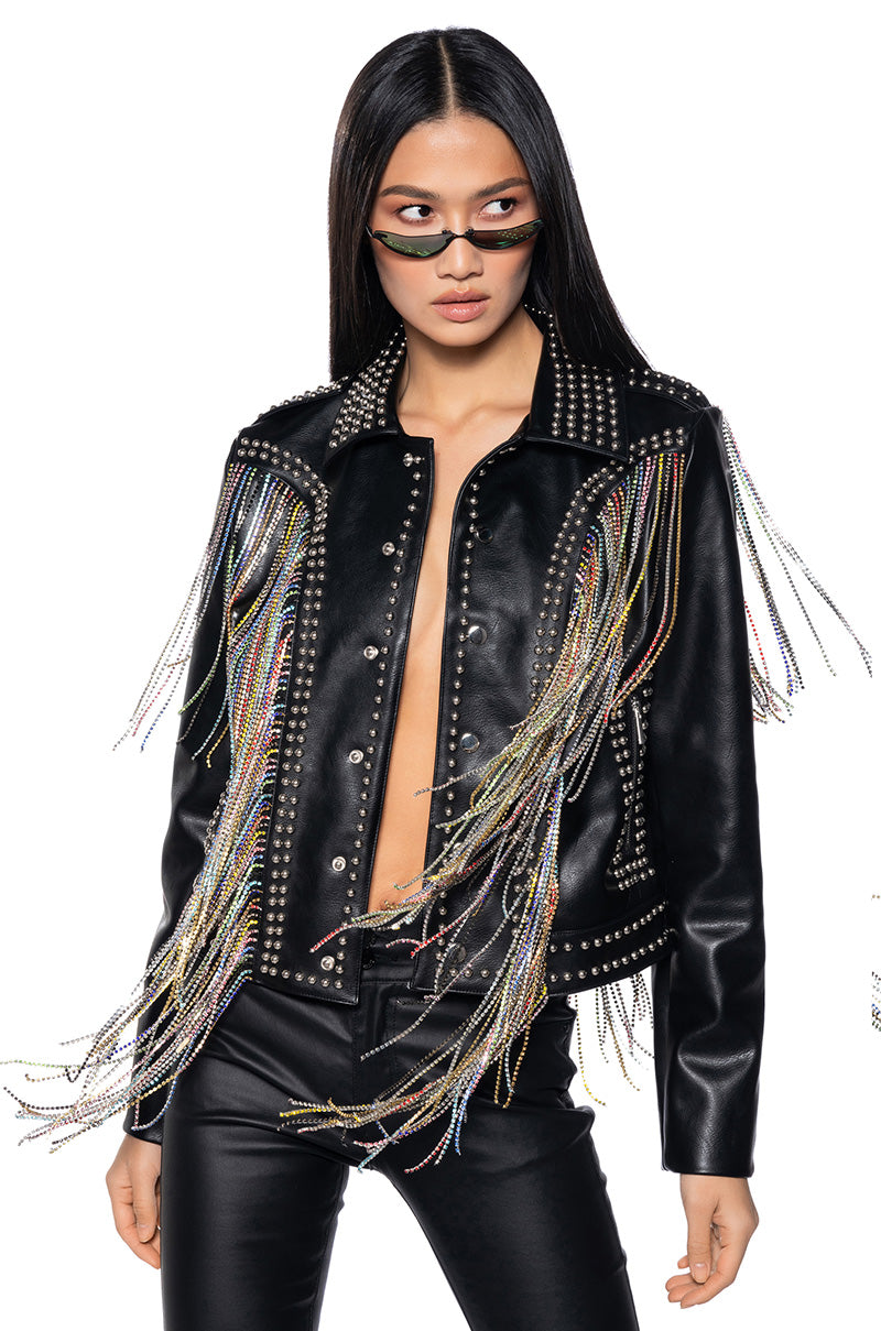 TAKE A CHANCE ON ME RHINESTONE FRINGE MOTO