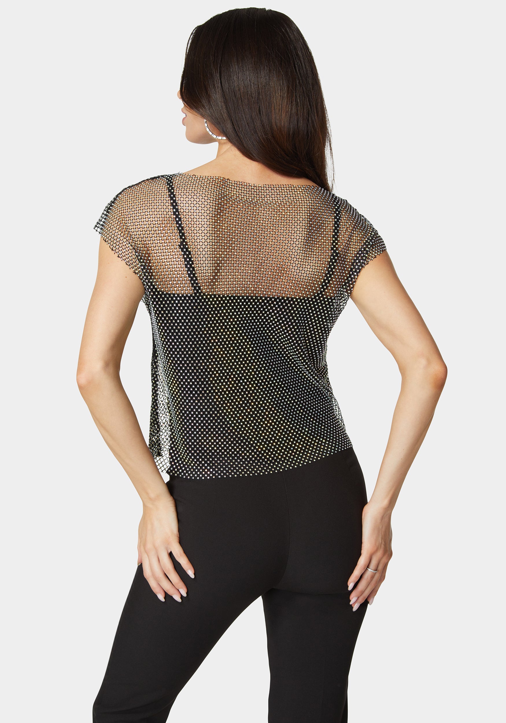 Rhinestone Fishnet Top With Knit Tank