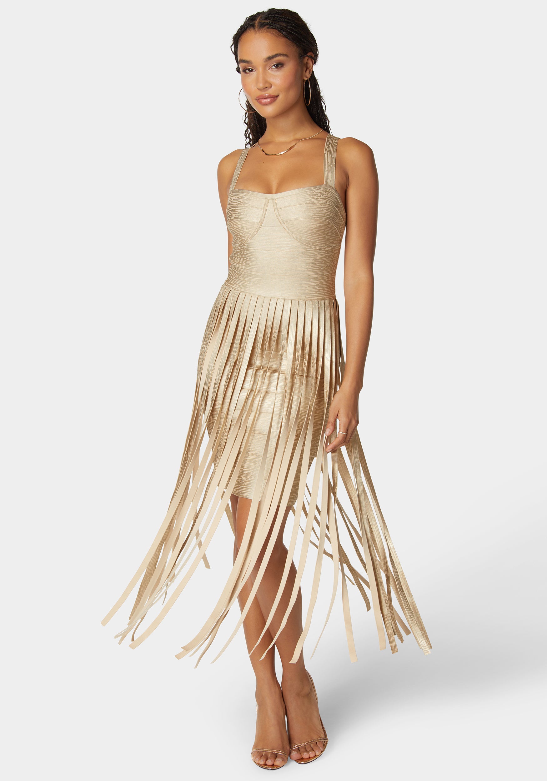 Sweetheart Bandage Top With Fringe Maxi Skirt Dress