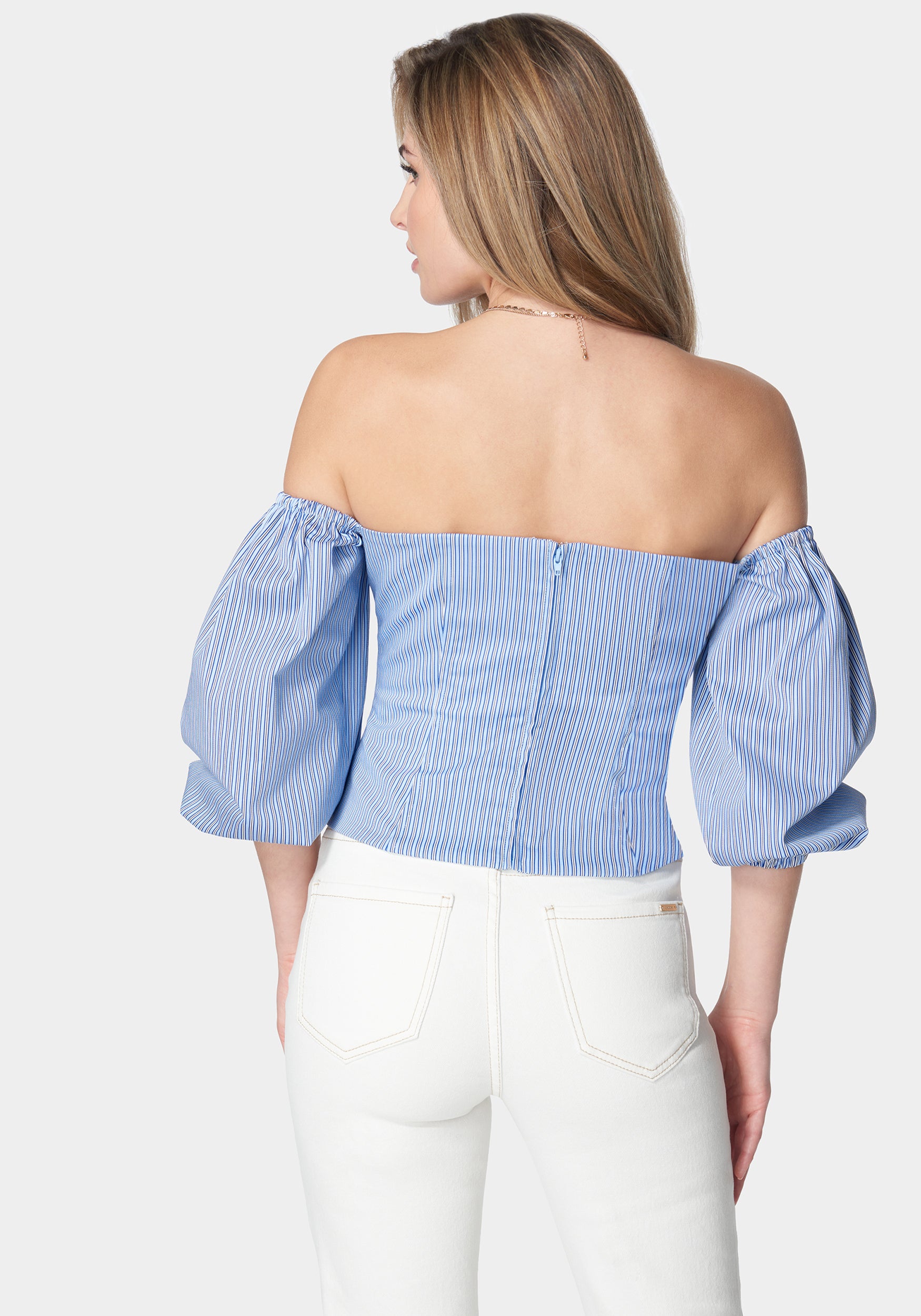 Poplin Bubble Sleeve Off Shoulder Draped Top