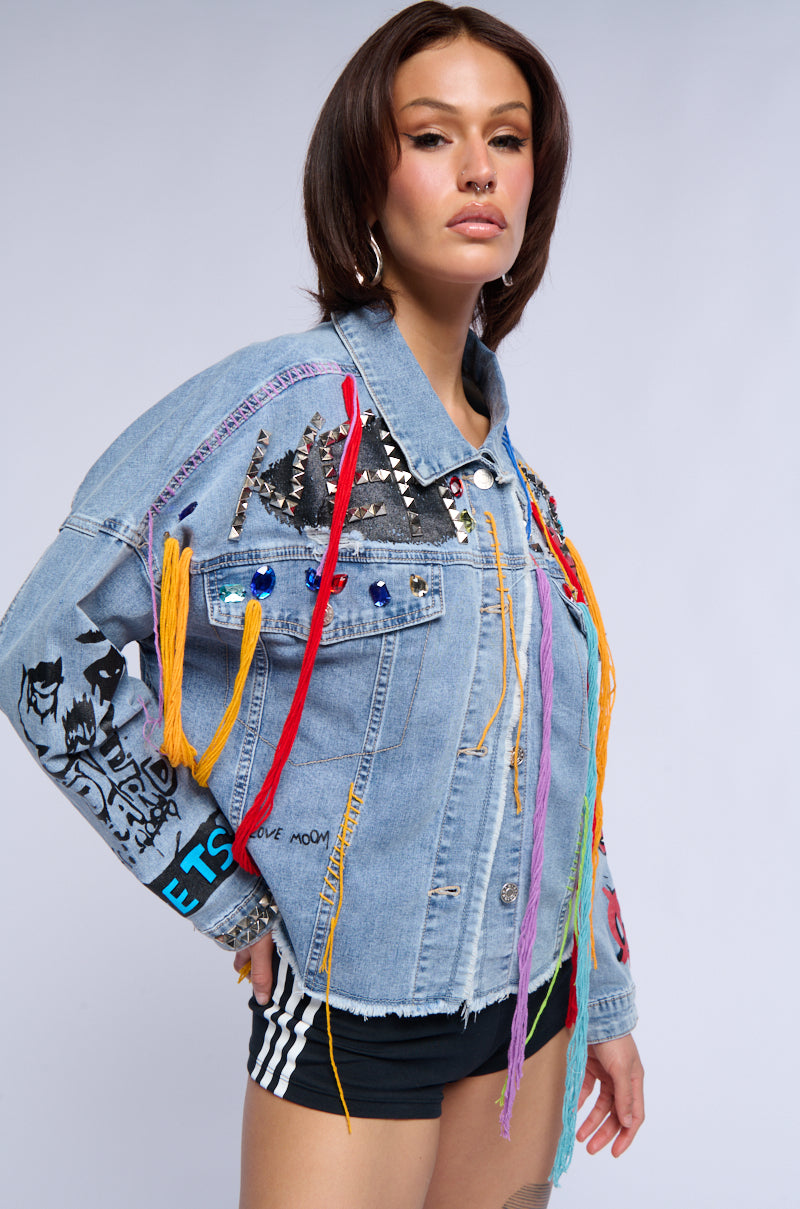 LOST IN THE CITY STUDDED YARN APPLIQUE DENIM JACKET