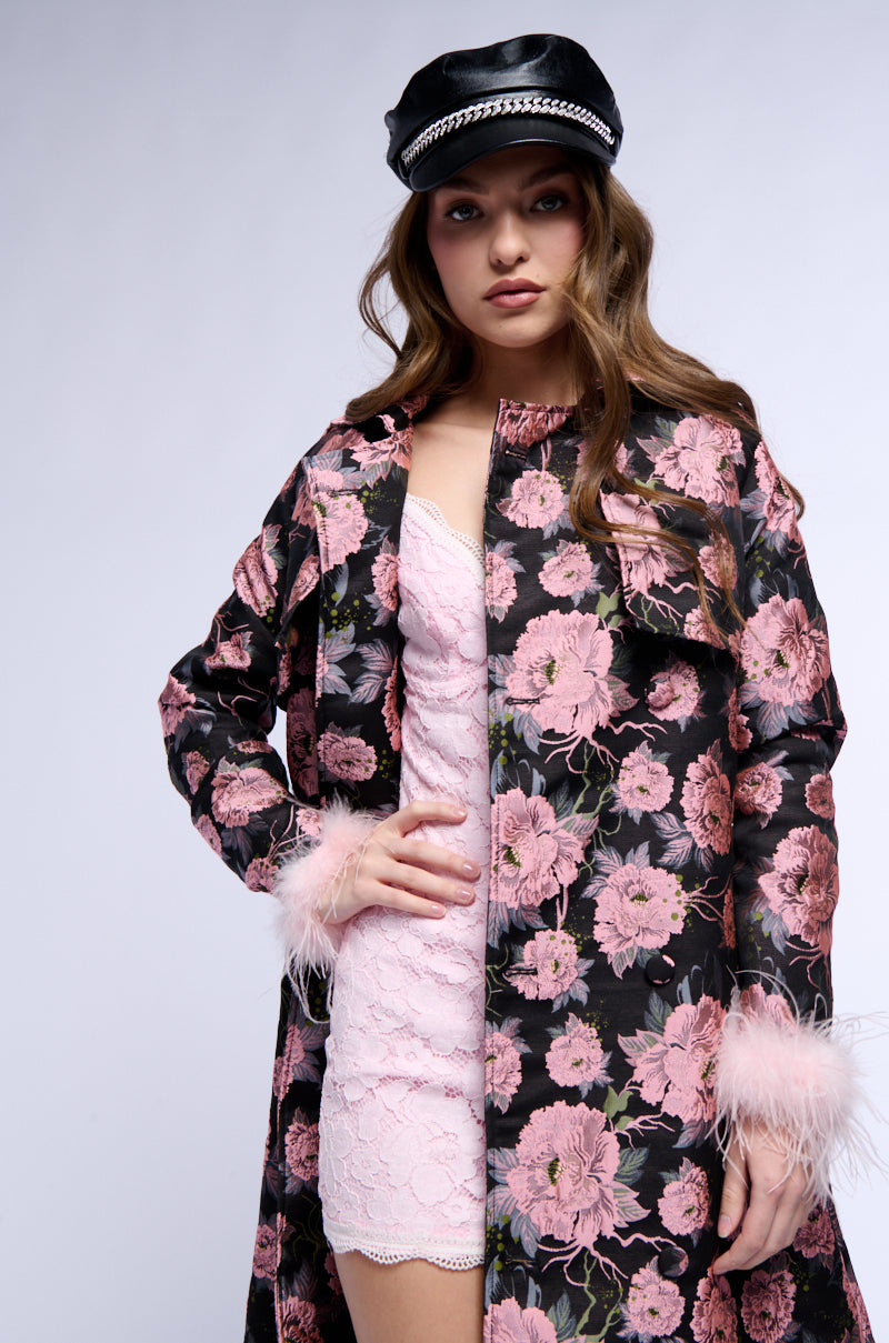 MOMMA IS ALWAYS RIGHT FLORAL TRENCH WITH FEATHERS