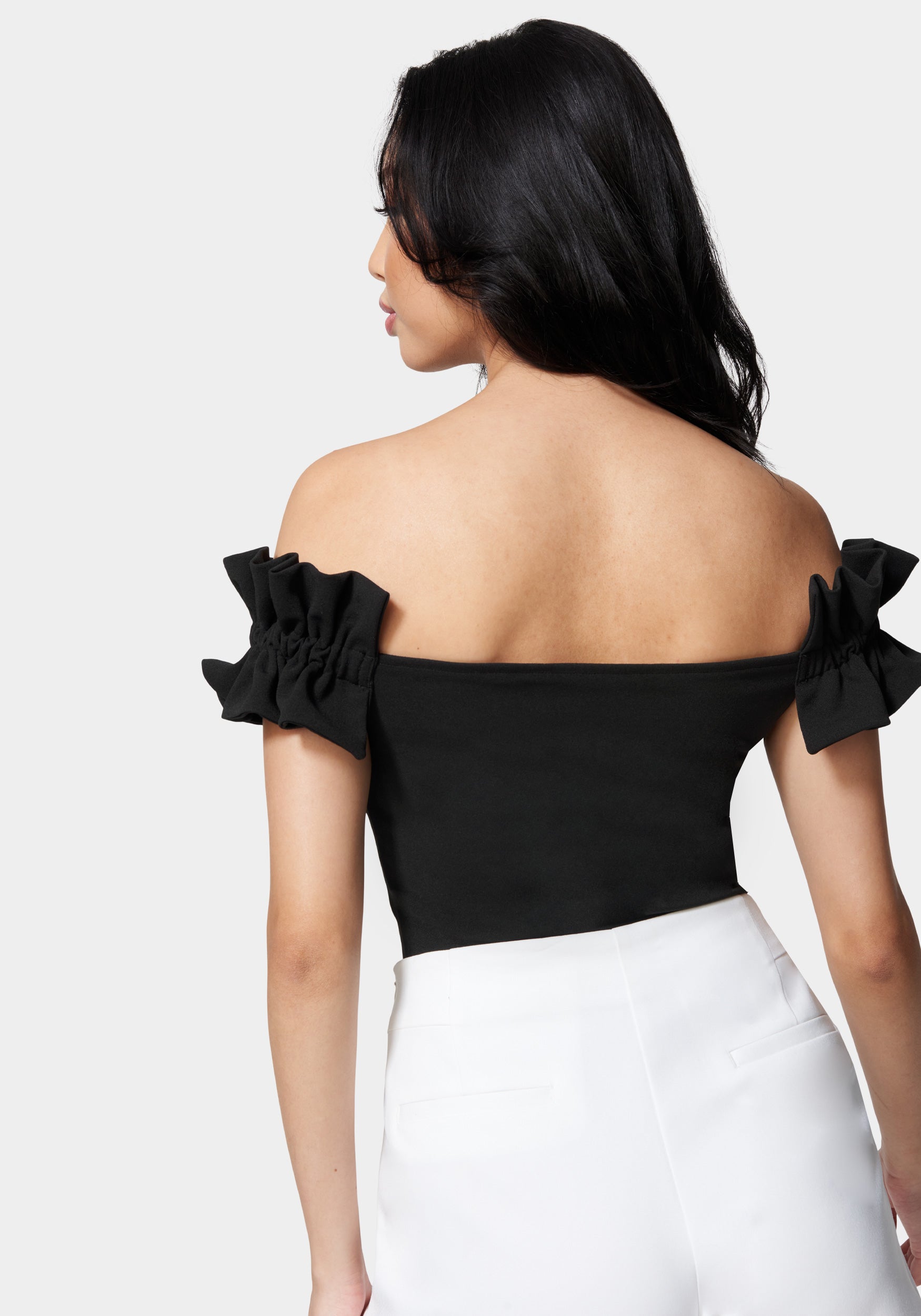 Knit Crepe Off Shoulder Ruffle Top