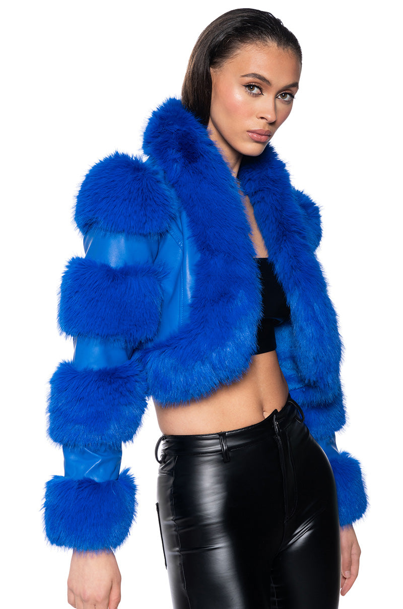 LOVERBOY FAUX FUR MOTO JACKET IN BLUE