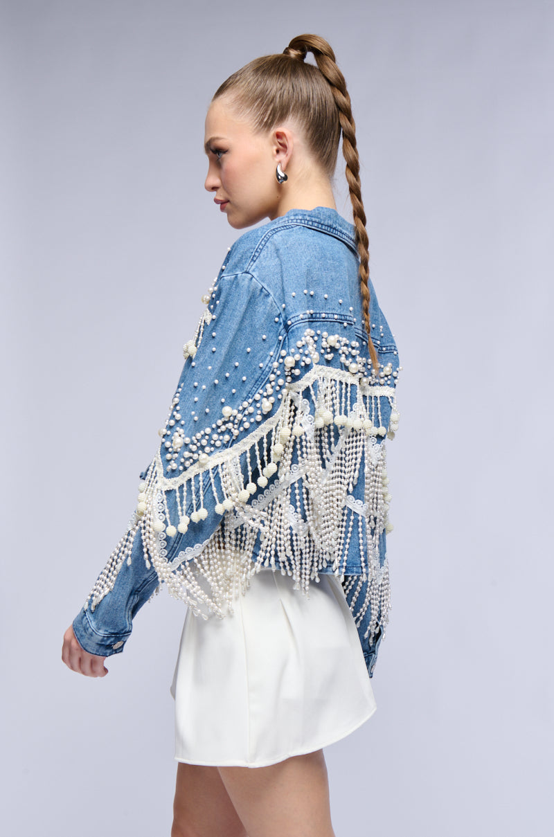 THE WORLD IS YOUR OYSTER PEARL TRIM DENIM JACKET