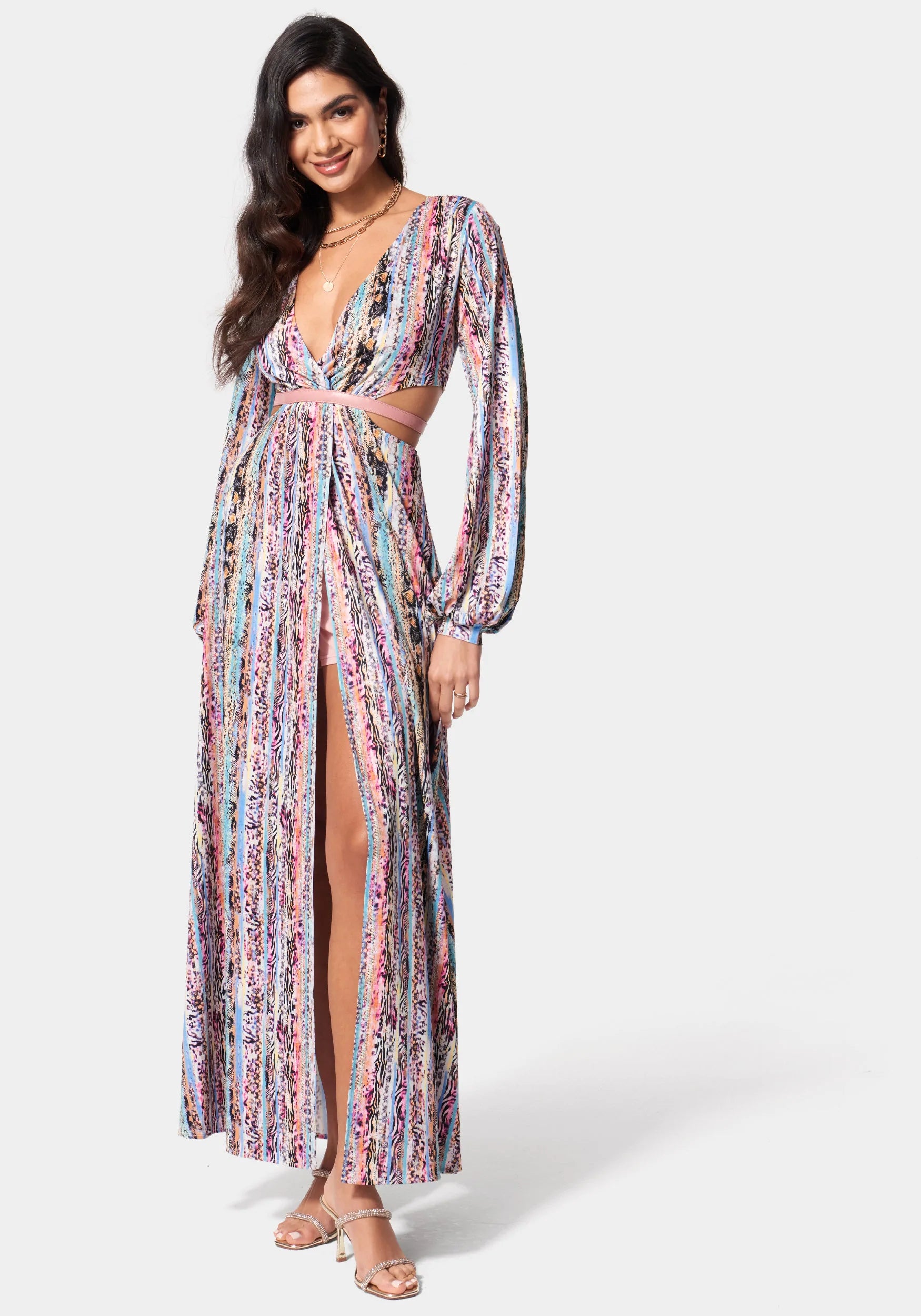 Printed Knit Deep V Maxi