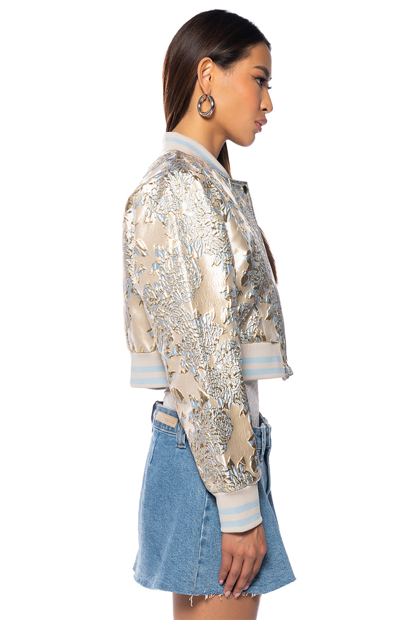 BROCADE TAPESTRY VARSITY BOMBER IN BLUE MULTI