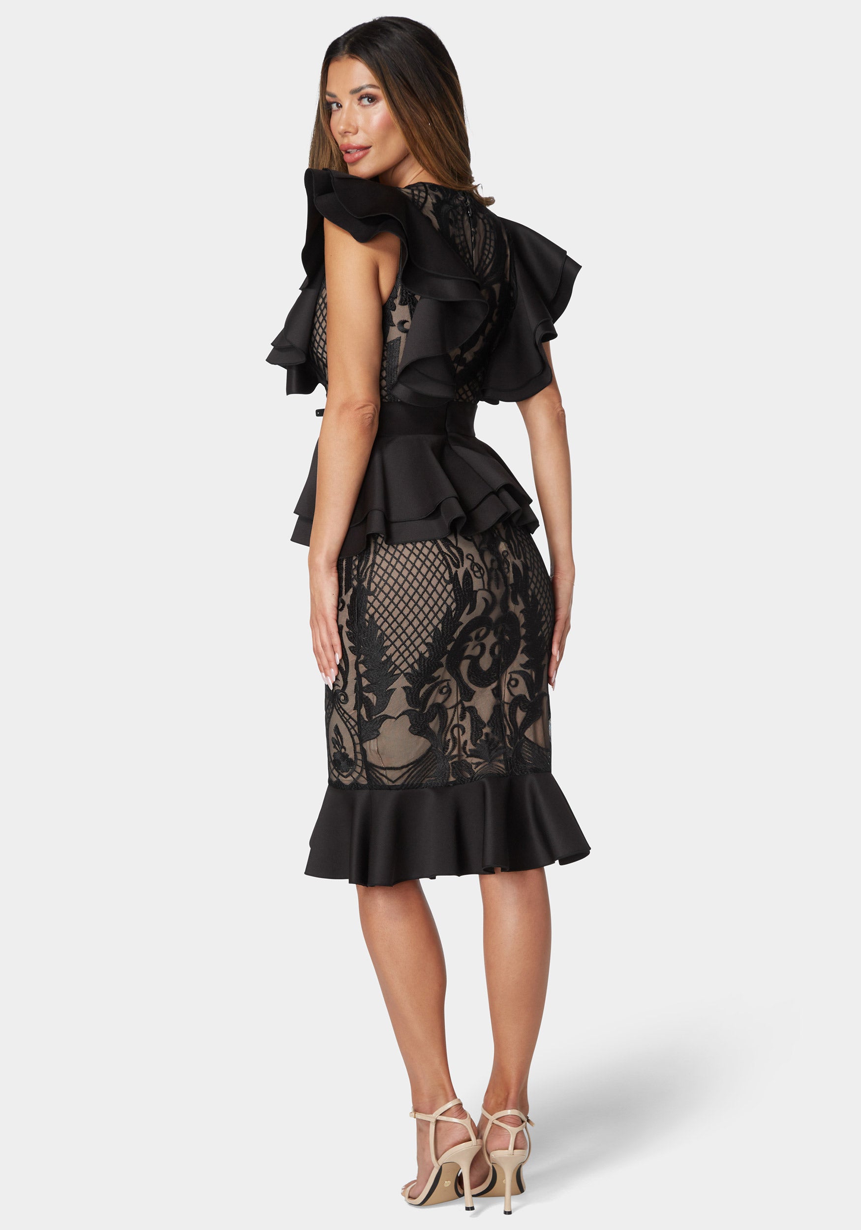 Lace Ruffle Peplum Pencil Dress