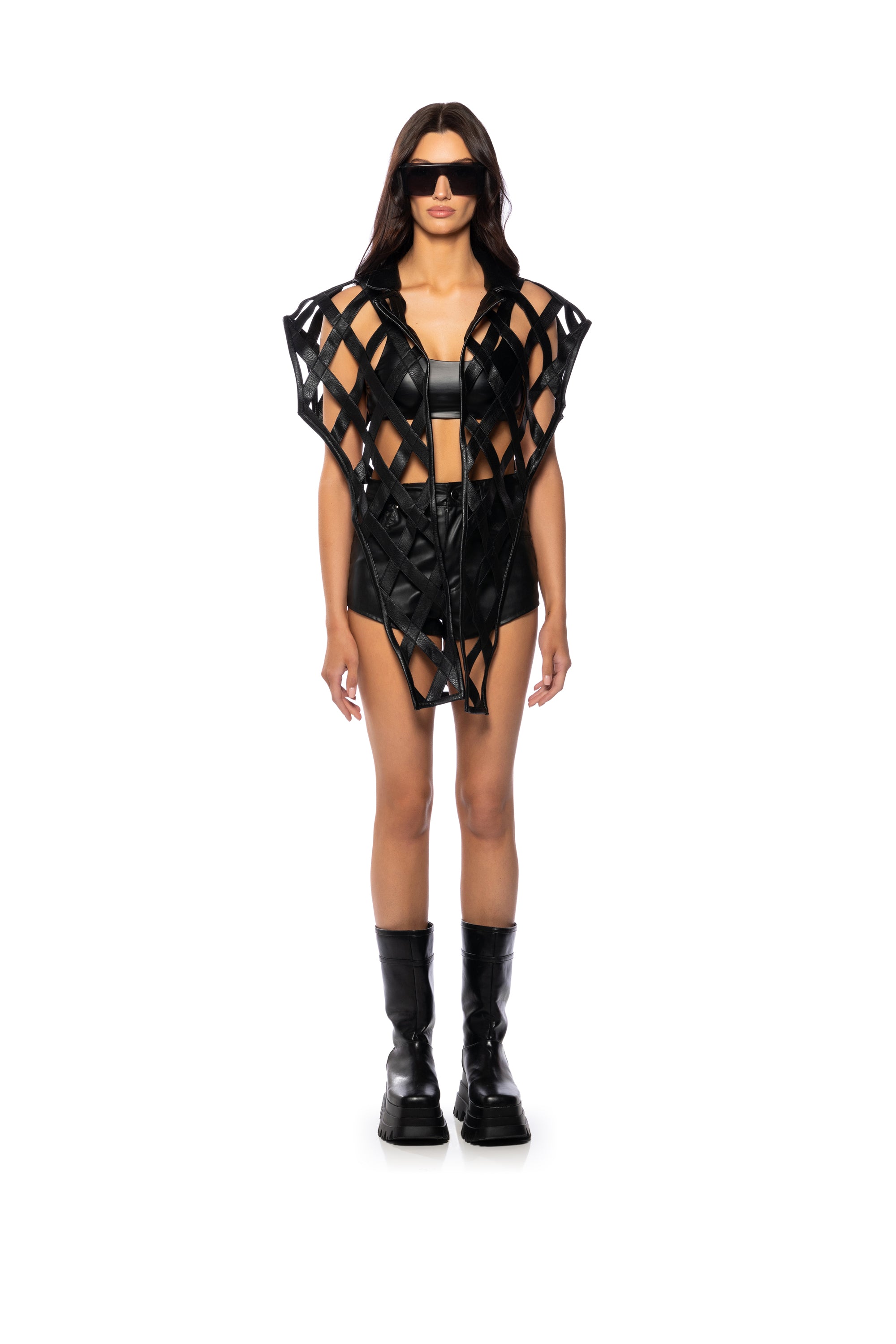 CAGED PU MOTO VEST WITH FRONT DRAPE