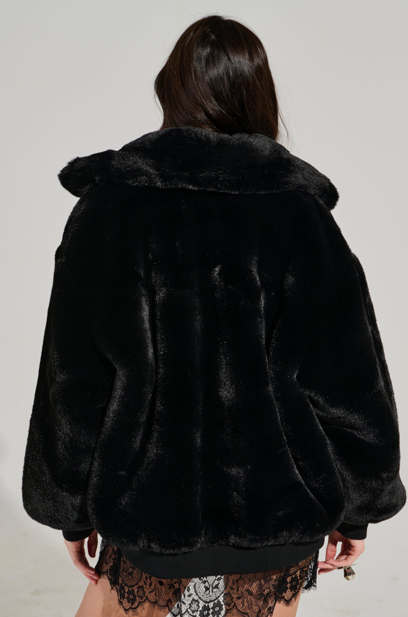 DREW STREET LONG FAUX FUR ZIP UP JACKET IN BLACK