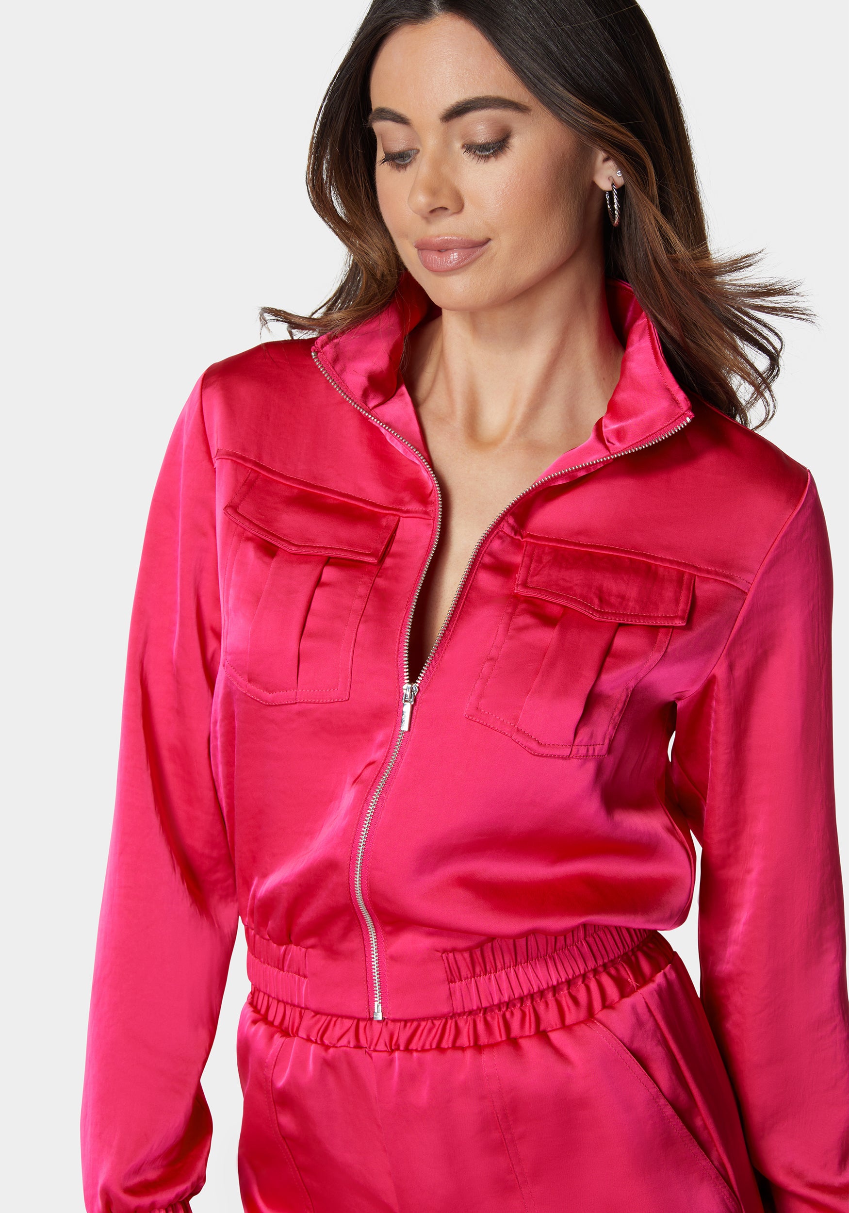 Laundered Satin Front Patch Pocket Bomber Jacket