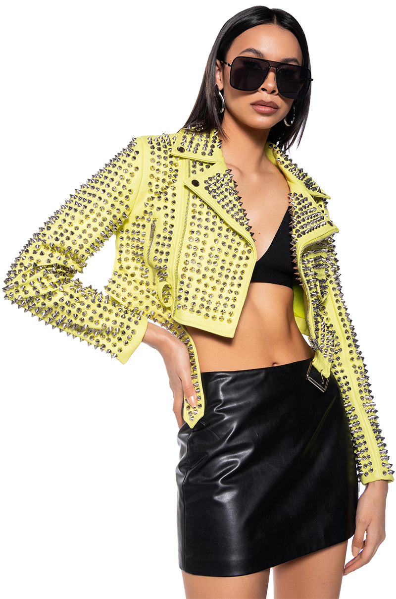 GAZETTE SULPHUR EDITION CROP MOTO JACKET WITH 3000 STUDS