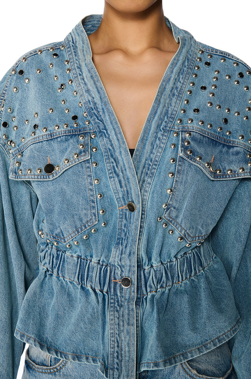 ALL THE RAGE STUDDED DENIM CINCHED JACKET