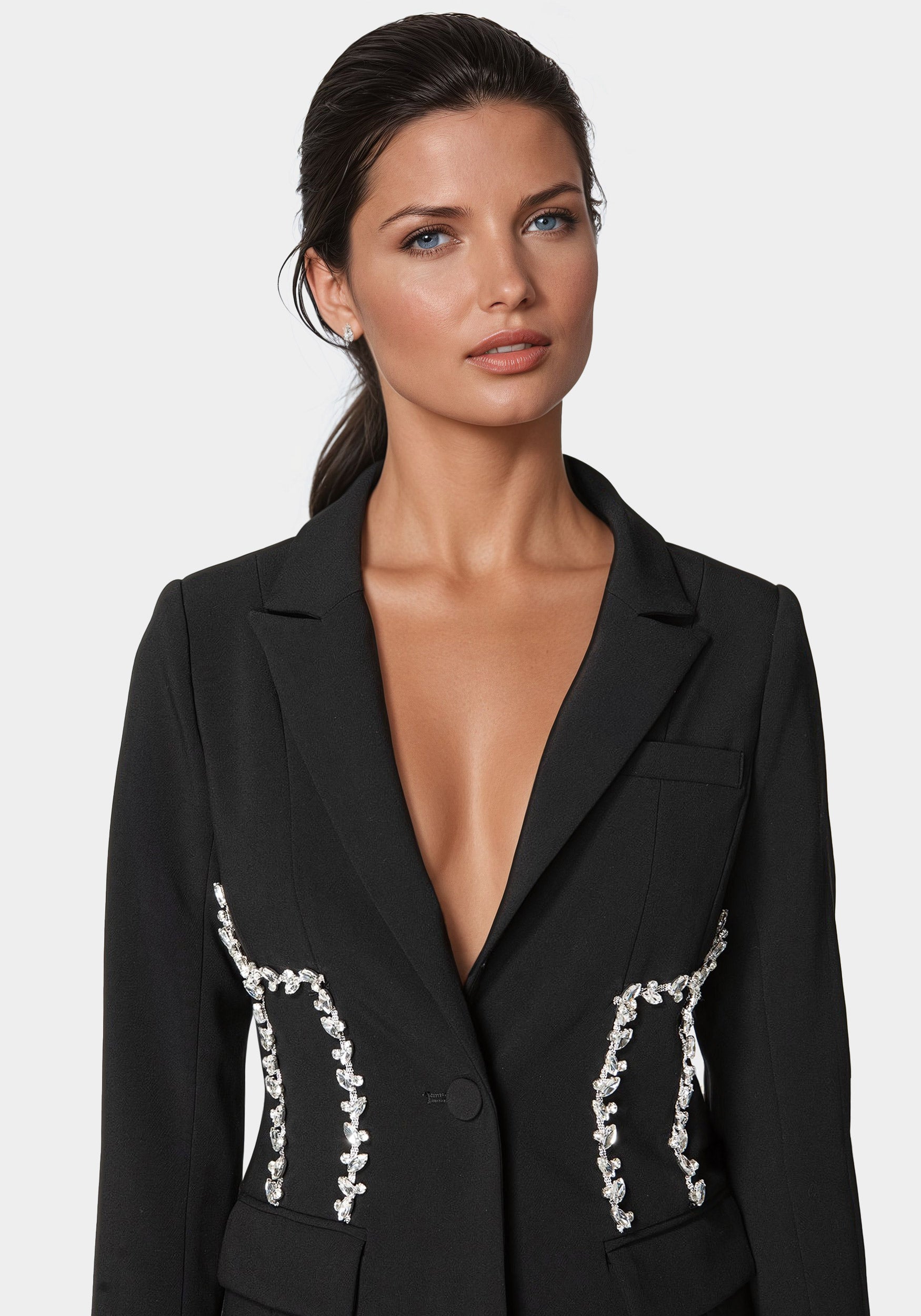 Rhinestone Detail Woven Twill Blazer