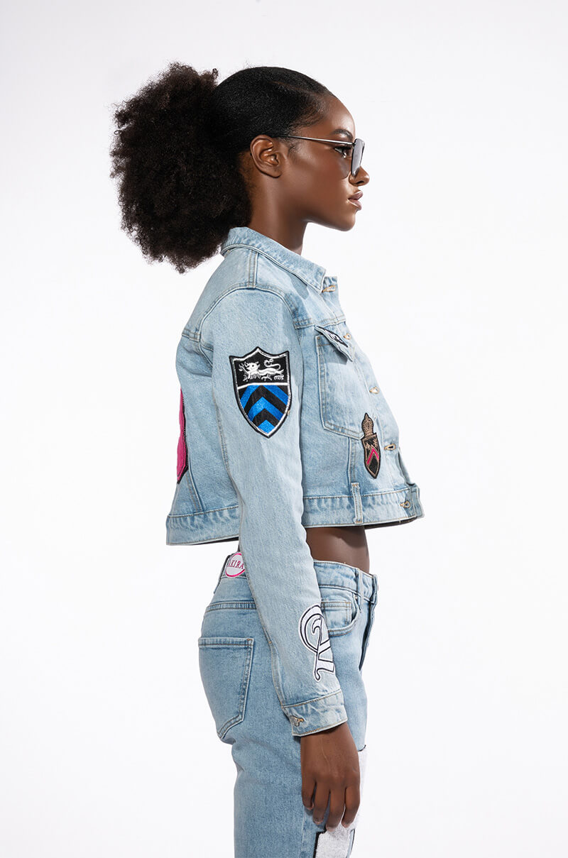 COLLEGIATE OUT OF YOUR LEAGUE PATCHED DENIM JACKET