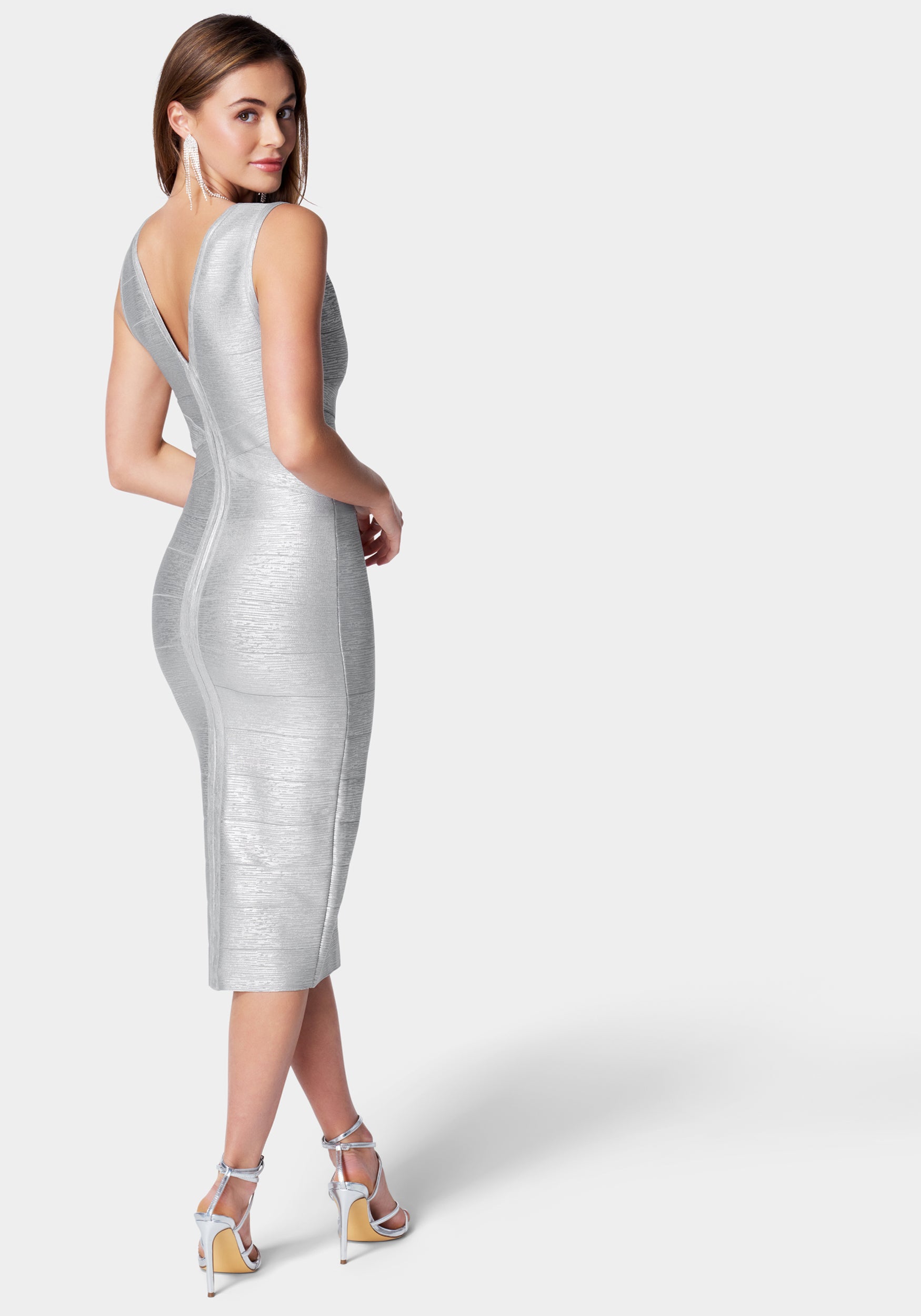 Foiled Bandage V Neck Midi Dress