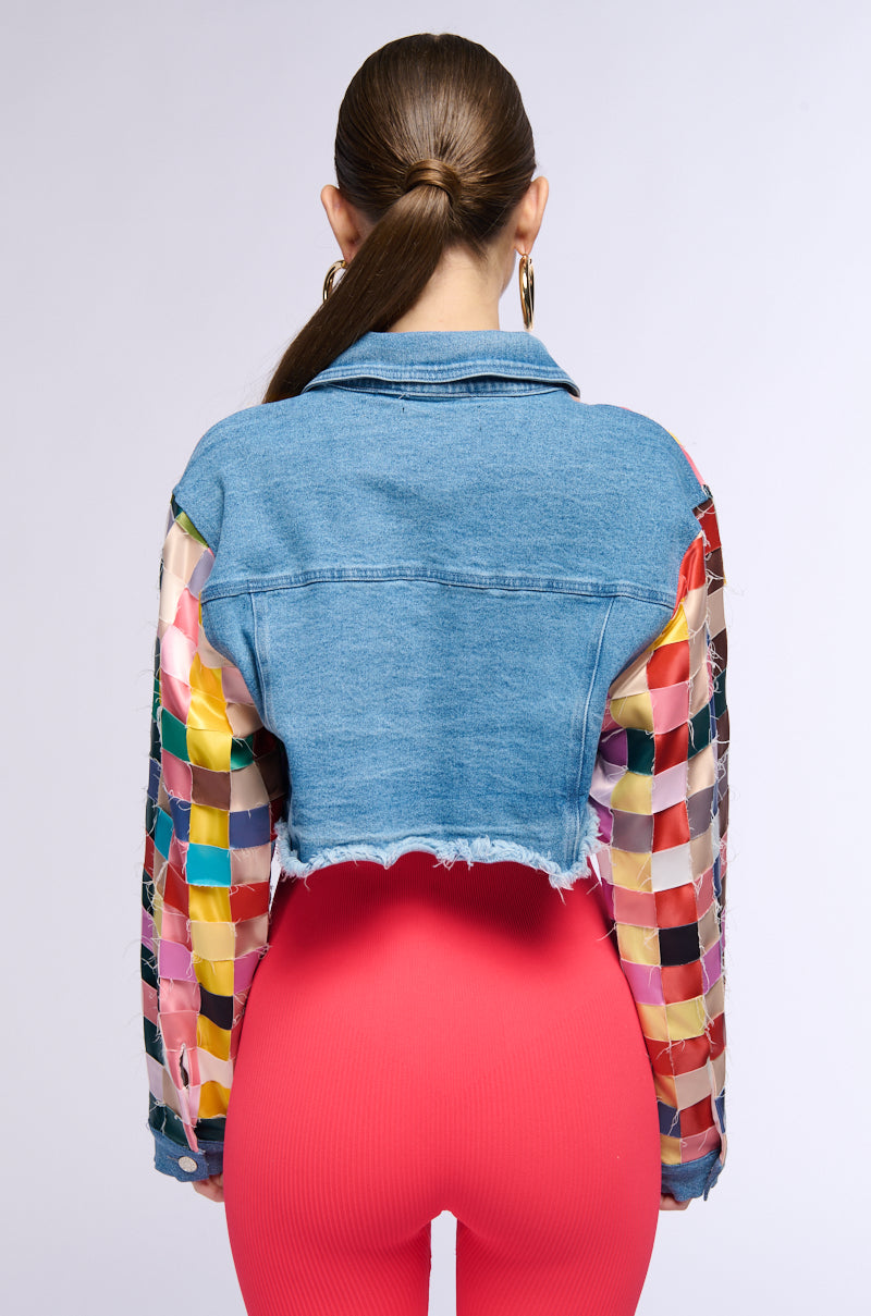 SATIN CHECKERED WEAVE CROP DENIM JACKET