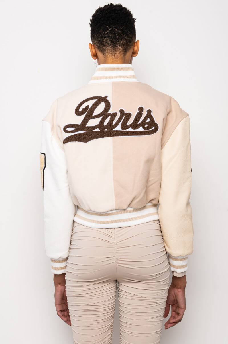 AZALEA WANG BEIGE RUELA VARSITY JACKET