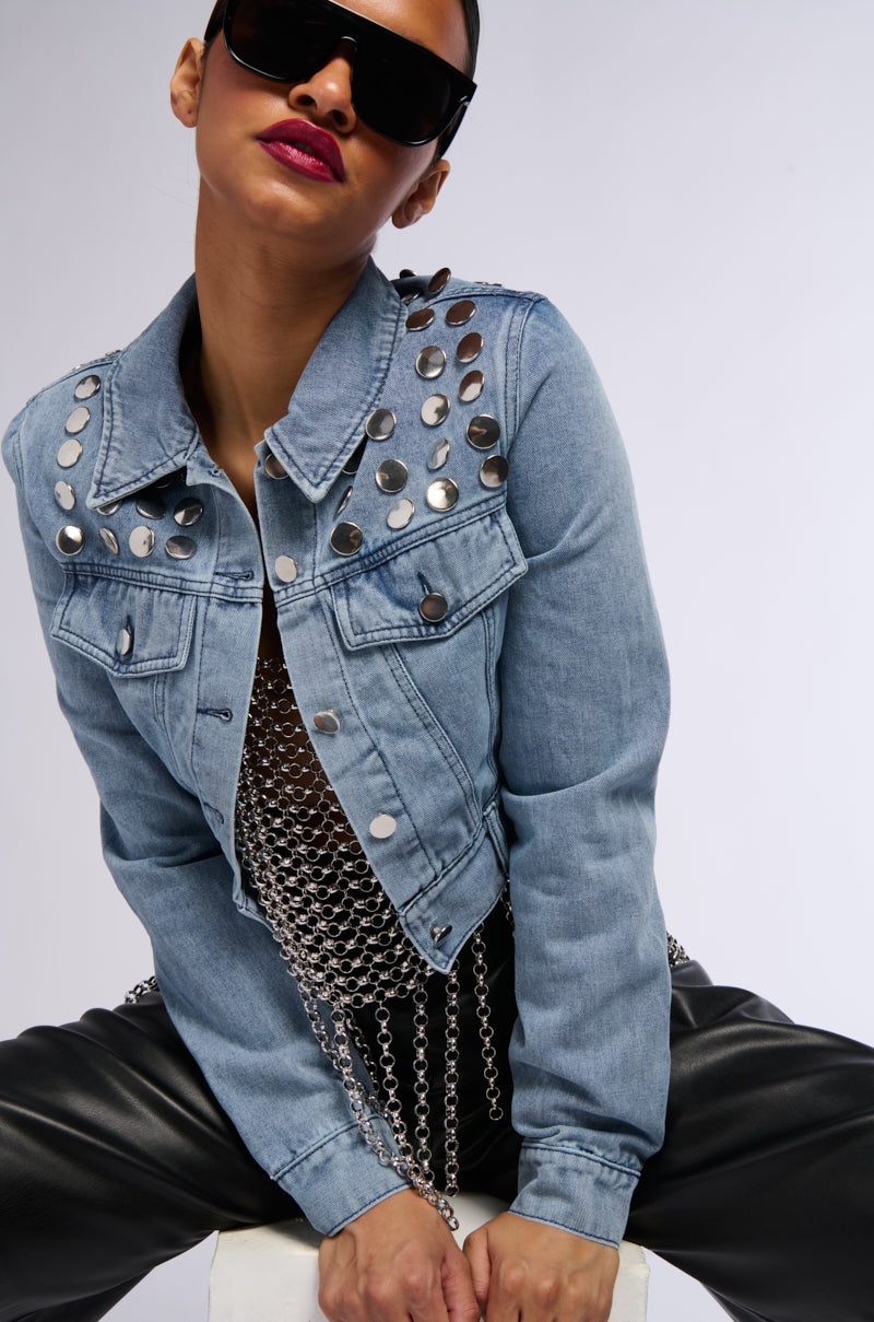 CROPPED DENIM JACKET WITH CIRCLE STUDS