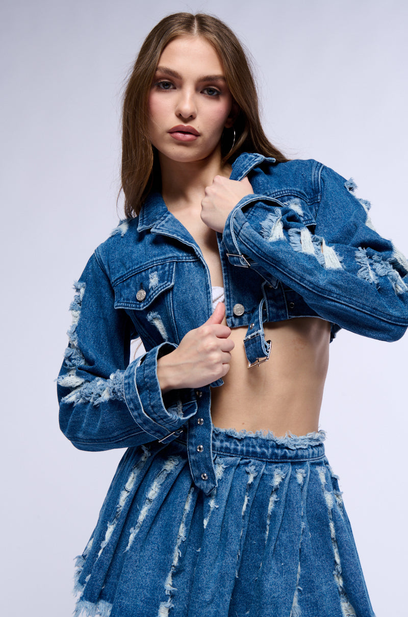 STRESSED OUT CUT OUT CROP DENIM JACKET