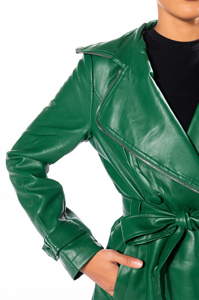 SANDO GREEN PLEATHER TRENCH COAT WITH ZIPPER TRIM