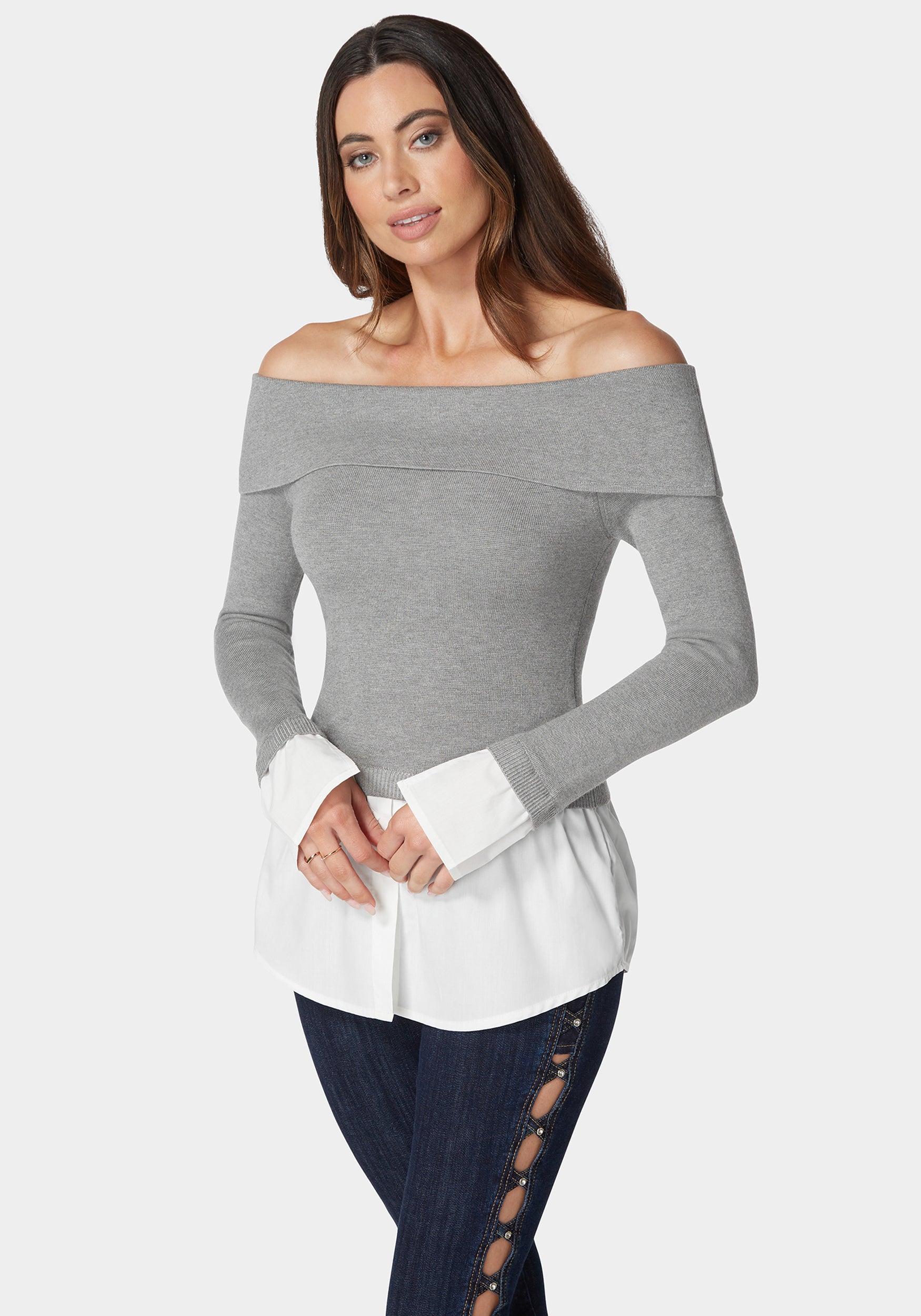 Poplin Combo Fold Over Off Shoulder Sweater Top