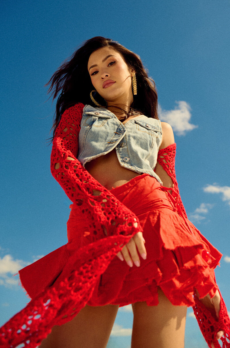 LONG SLEEVE CROCHET BOLERO IN RED