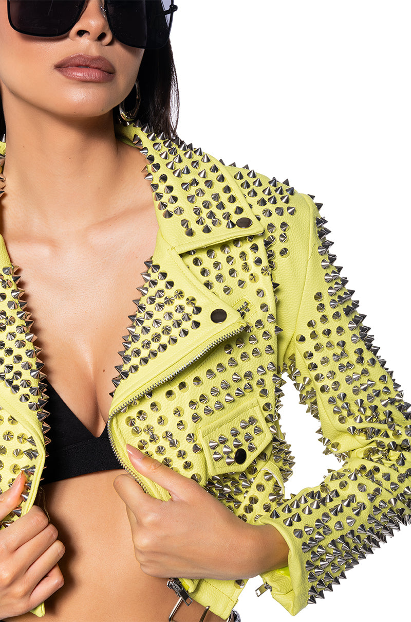 GAZETTE SULPHUR EDITION CROP MOTO JACKET WITH 3000 STUDS