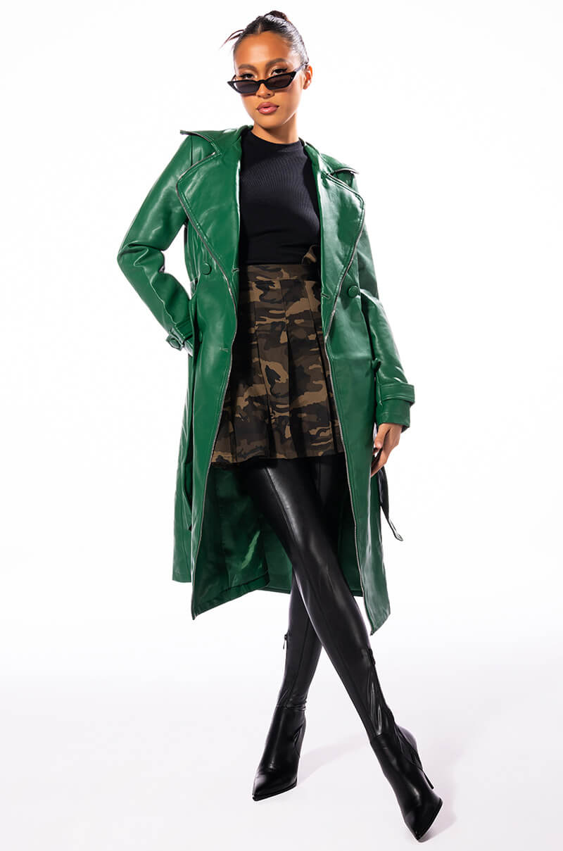 SANDO GREEN PLEATHER TRENCH COAT WITH ZIPPER TRIM