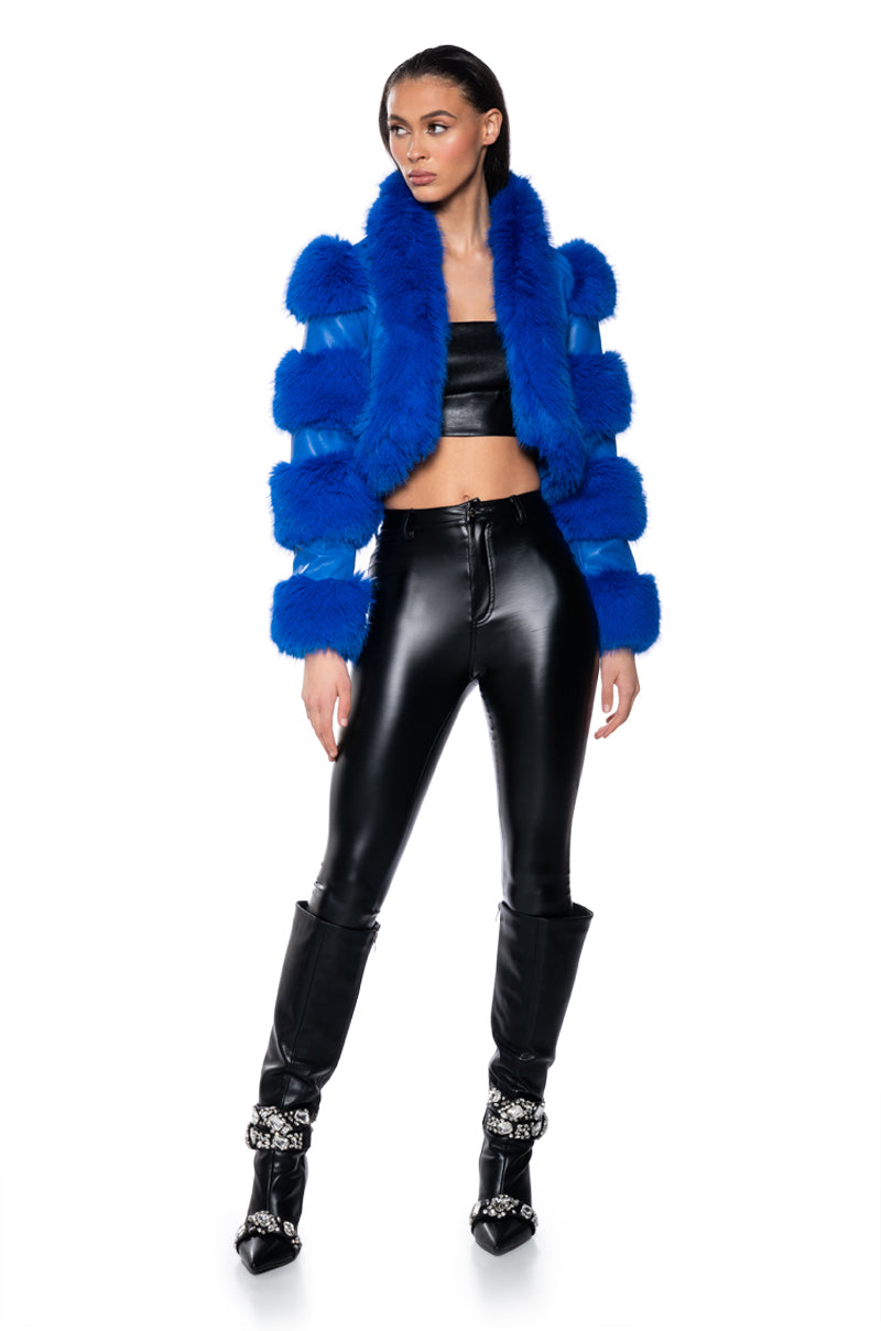 LOVERBOY FAUX FUR MOTO JACKET IN BLUE