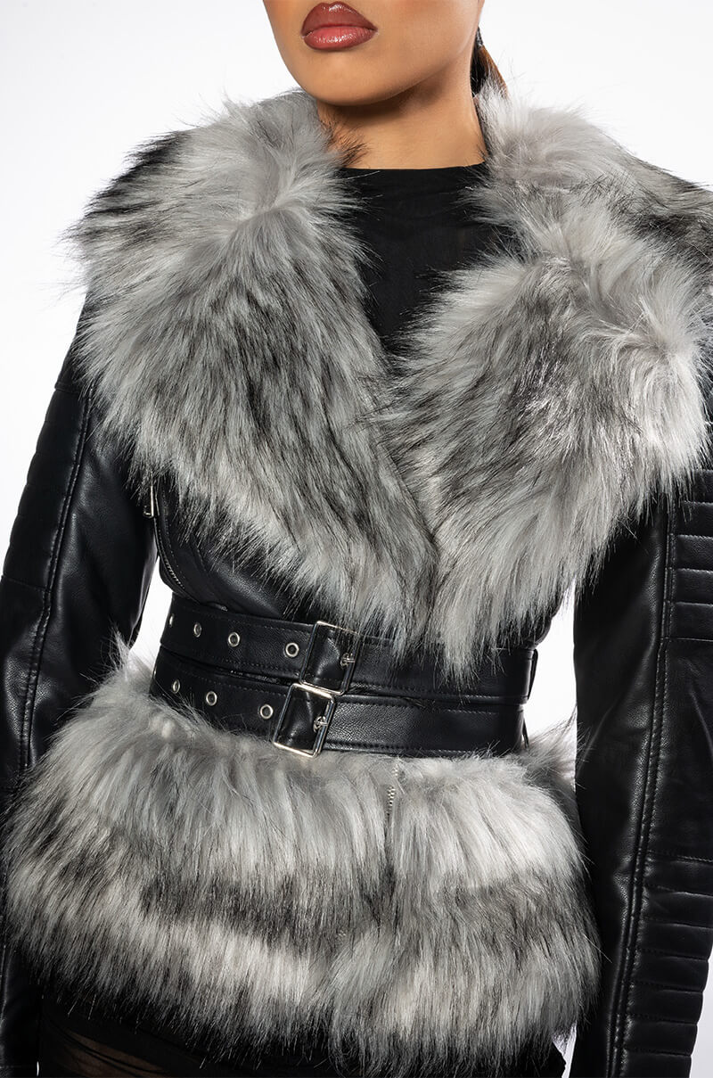 NEVER CARED WAIST LINED FAUX FUR MOTO JACKET