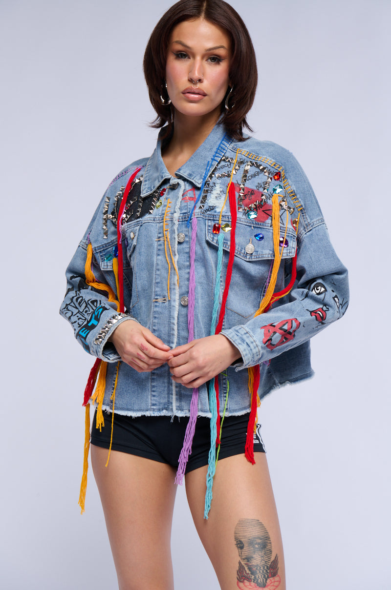 LOST IN THE CITY STUDDED YARN APPLIQUE DENIM JACKET