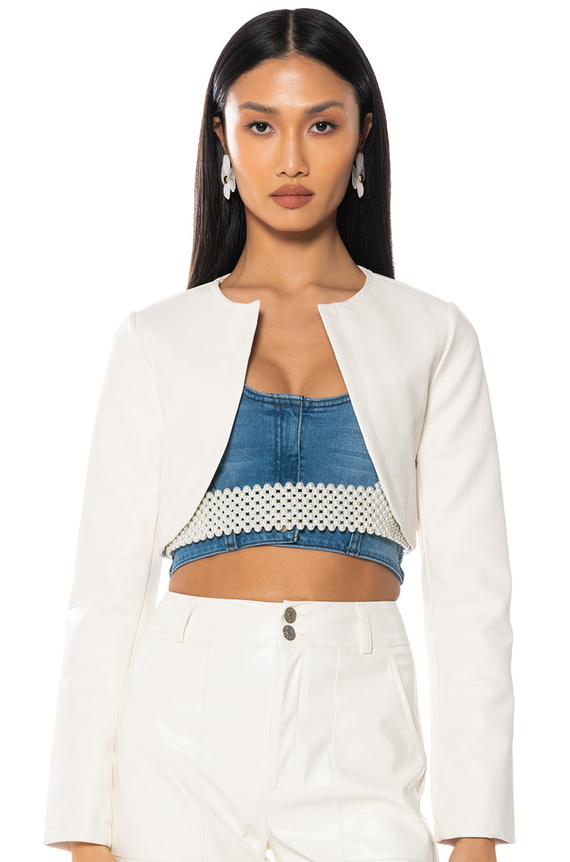 MASTER CROP ANGLE FAUX LEATHER BLAZER IN WHITE