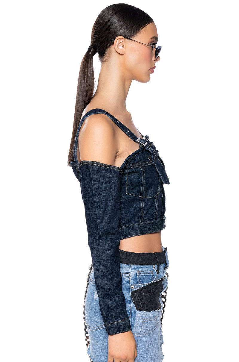 SWEETIE COLD SHOULDER RAW DENIM JACKET