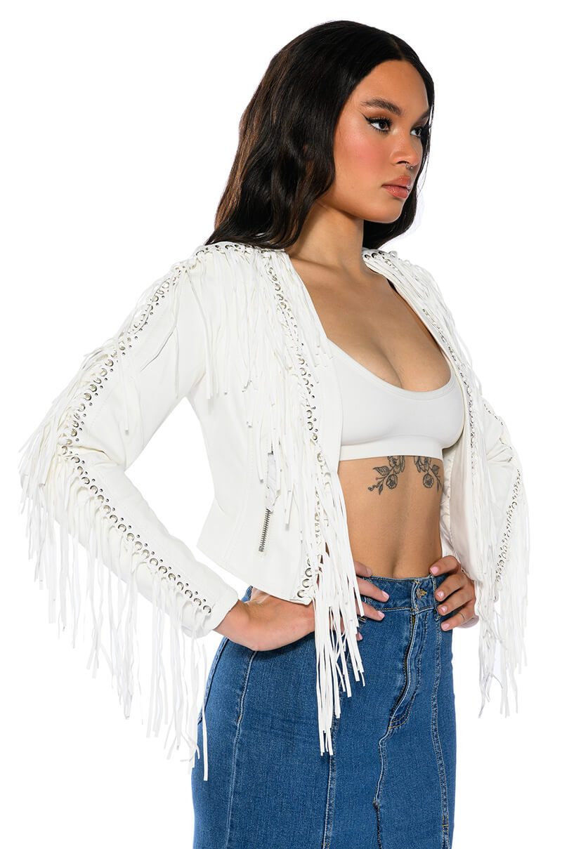 AZALEA WANG OLIVIER FRINGE JACKET IN WHITE