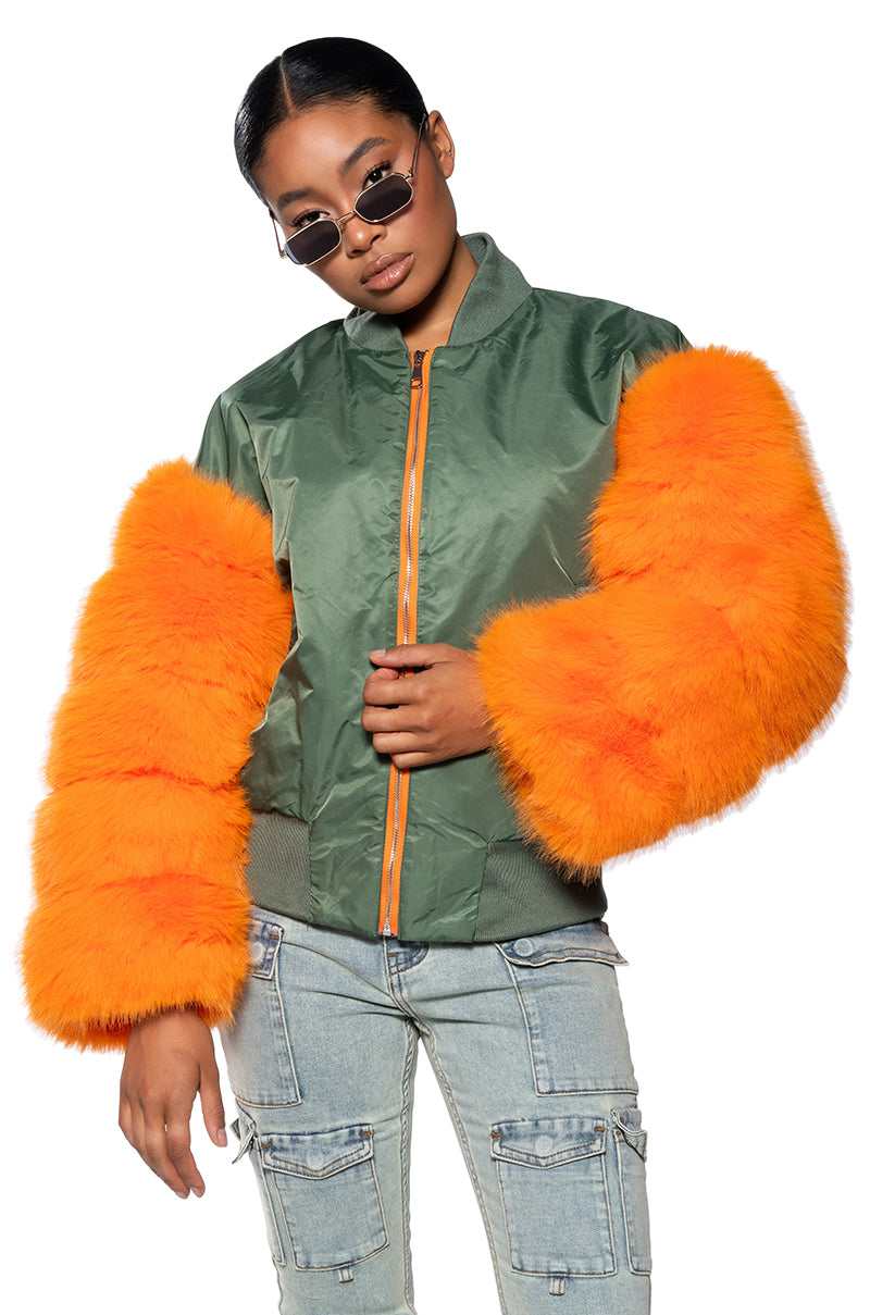 ENDLESS FAUX FUR SLEEVE BOMBER JACKET