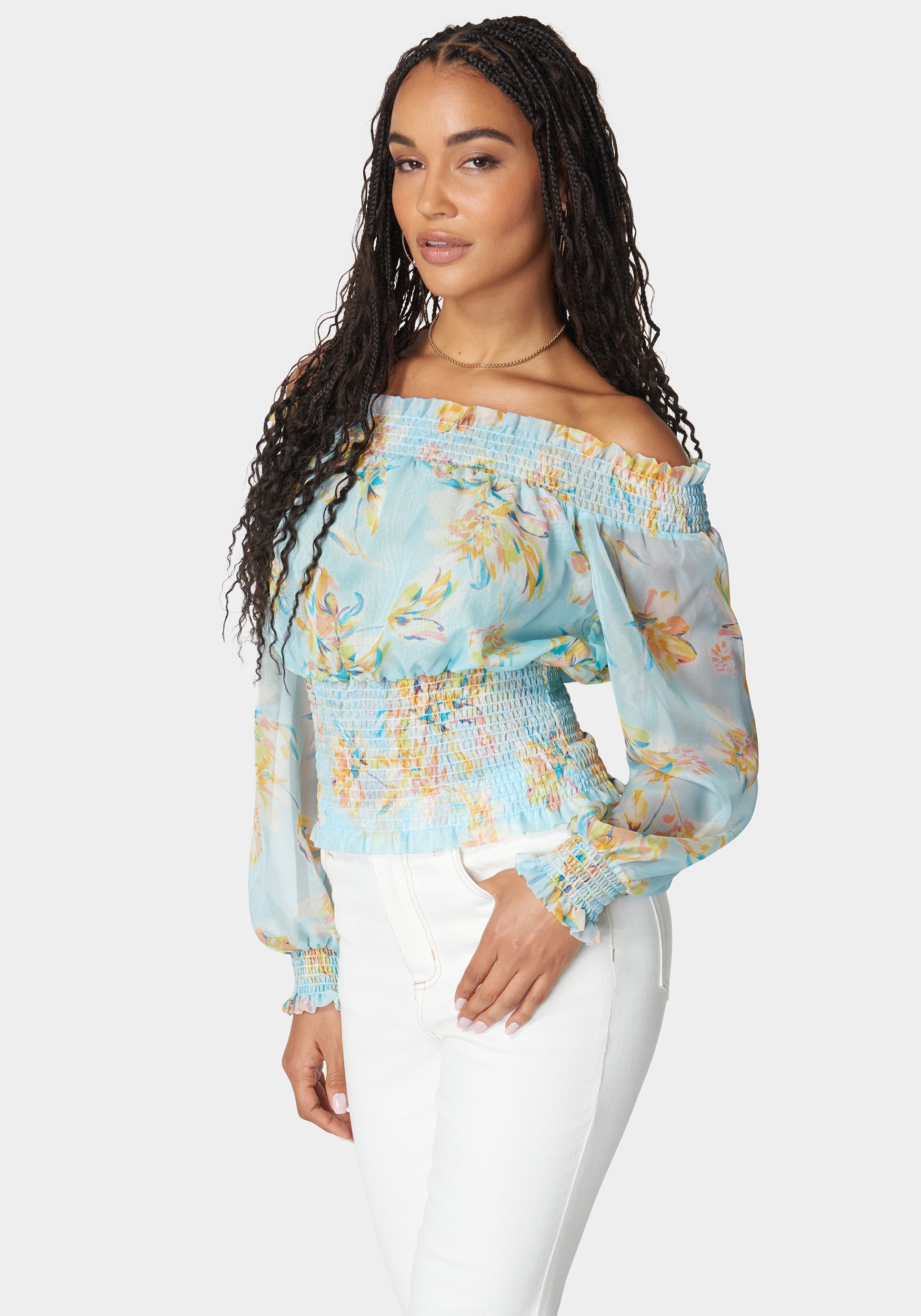 Off Shoulder Smocked Chiffon Blouse