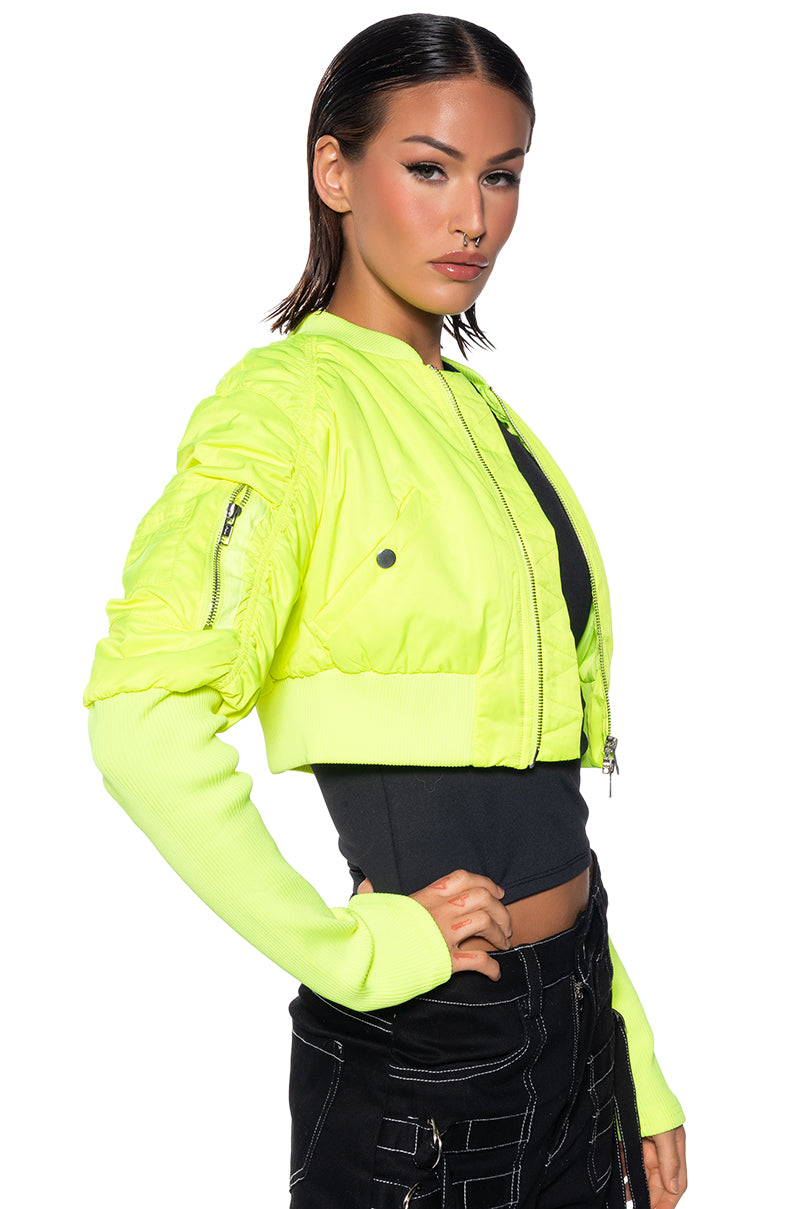 BABBS SKINNY ARM BOMBER JACKET IN NEON YELLOW