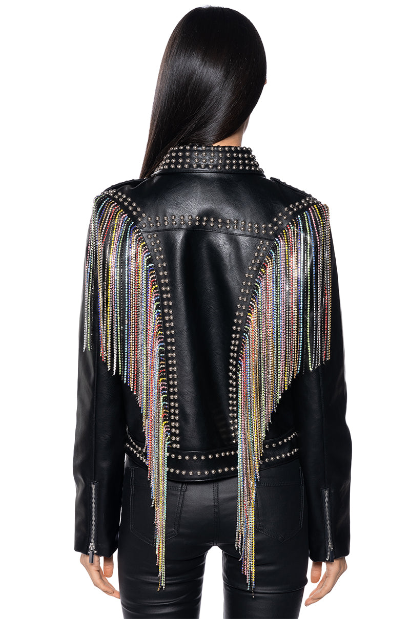 TAKE A CHANCE ON ME RHINESTONE FRINGE MOTO