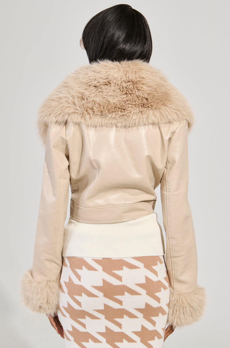 GISELE CROP FAUX FUR MOTO JACKET IN IVORY