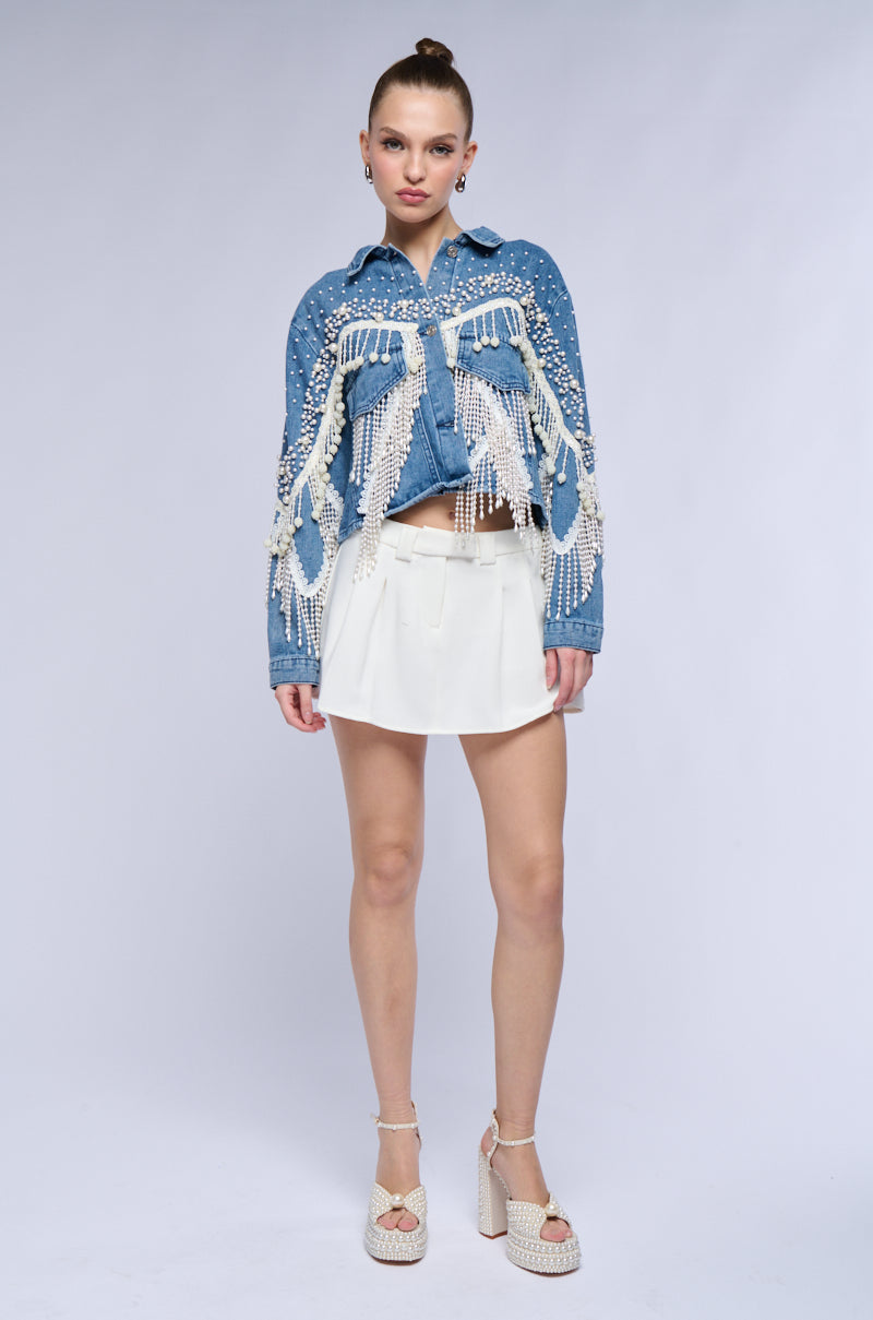 THE WORLD IS YOUR OYSTER PEARL TRIM DENIM JACKET