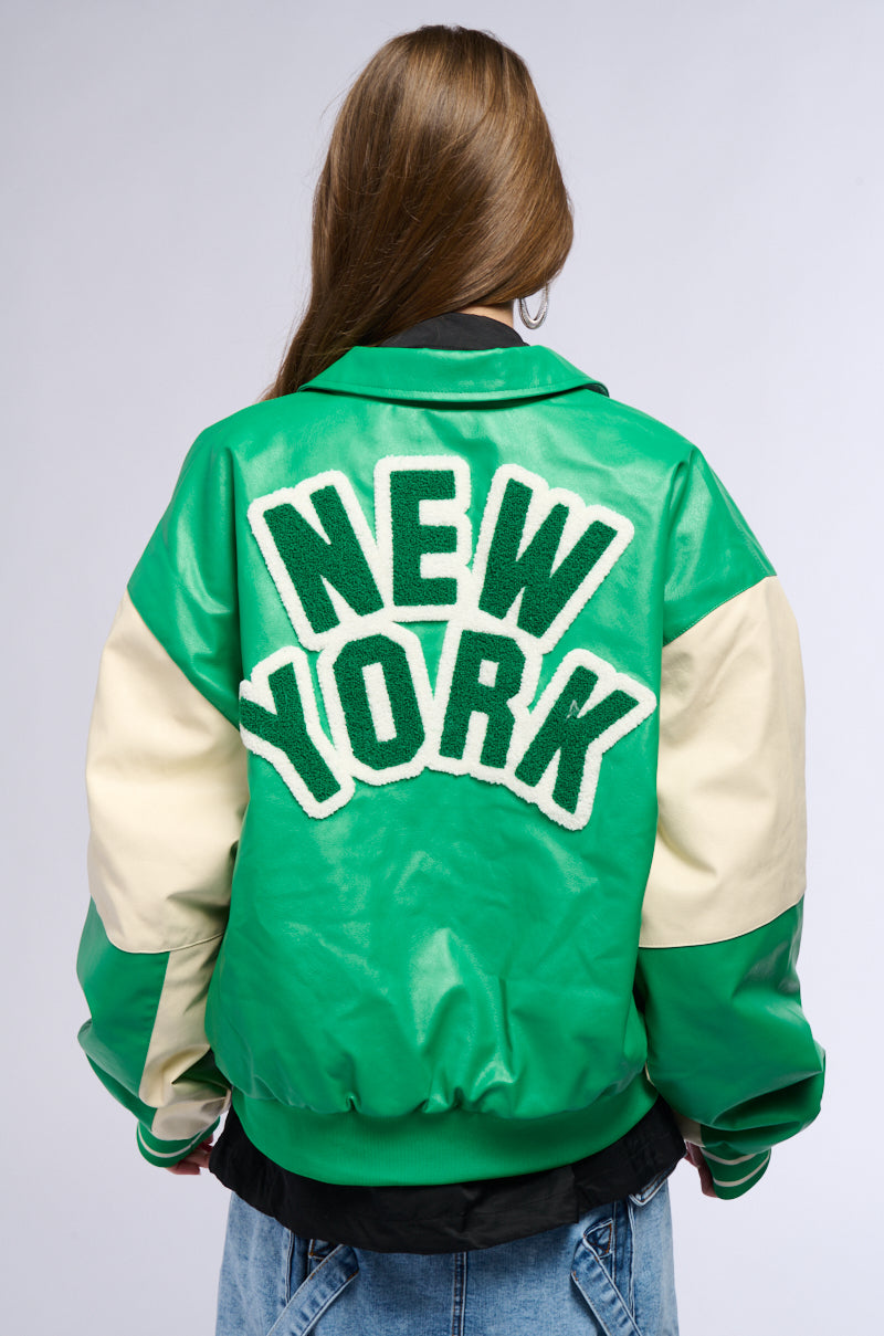 NUEVA YORK VARSITY PATCH FAUX LEATHER BOMBER JACKET