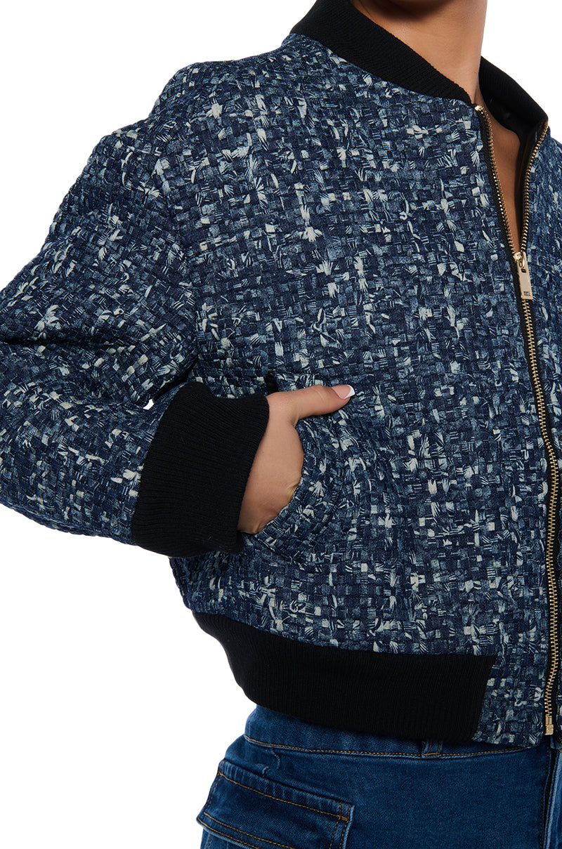 MICRO DENIM WEAVE BOMBER JACKET